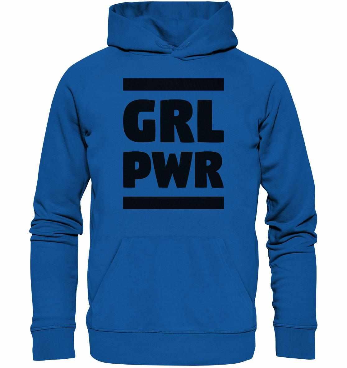 Vegan und Bio Hoodie: GIRL POWER, blau mit schwarzem Text, Kängurutasche; aus Bio-Baumwolle und recyceltem Polyester, feministisches Design von RUDE REBEL.