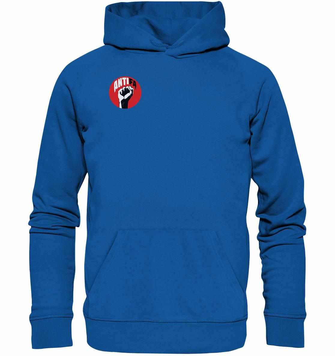 Vegan und Bio Hoodie: Antifa - Gemeinsam gegen Rechts, blauer Hoodie mit Logo und Kapuze, aus Bio-Baumwolle und recyceltem Polyester, mit Kängurutasche und Flatlock-Steppnähten.
