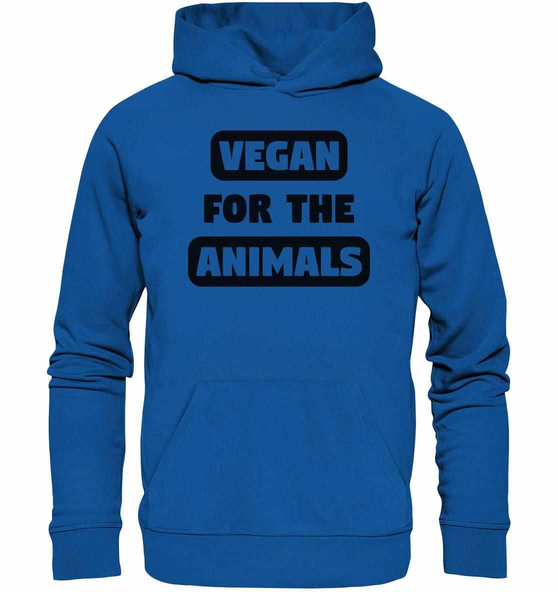 Vegan und Bio Hoodie: VEGAN FOR THE ANIMALS, nachhaltig produziert, aus Bio-Baumwolle und Recyclingmaterial, mit schwarzem Schriftzug auf blauem Hoodie.