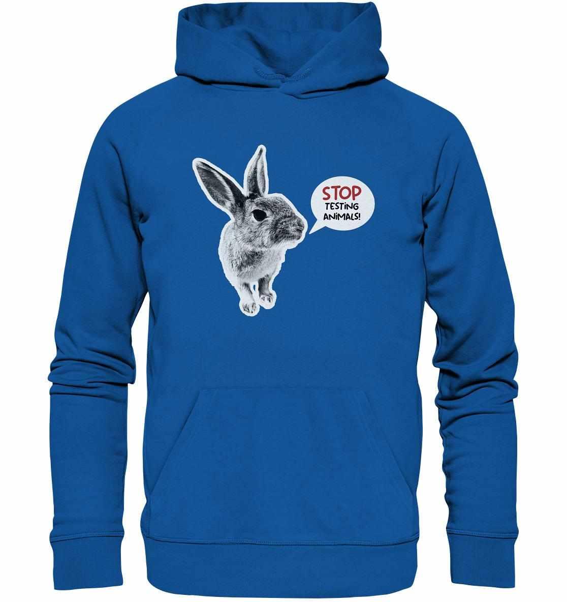 Vegan und Bio Hoodie: Cute Rabbit - Stop Testing Animals! mit Häschenmotiv und STOP ANIMAL TESTING!-Aufdruck, hergestellt aus Bio-Baumwolle und recycelten Materialien.