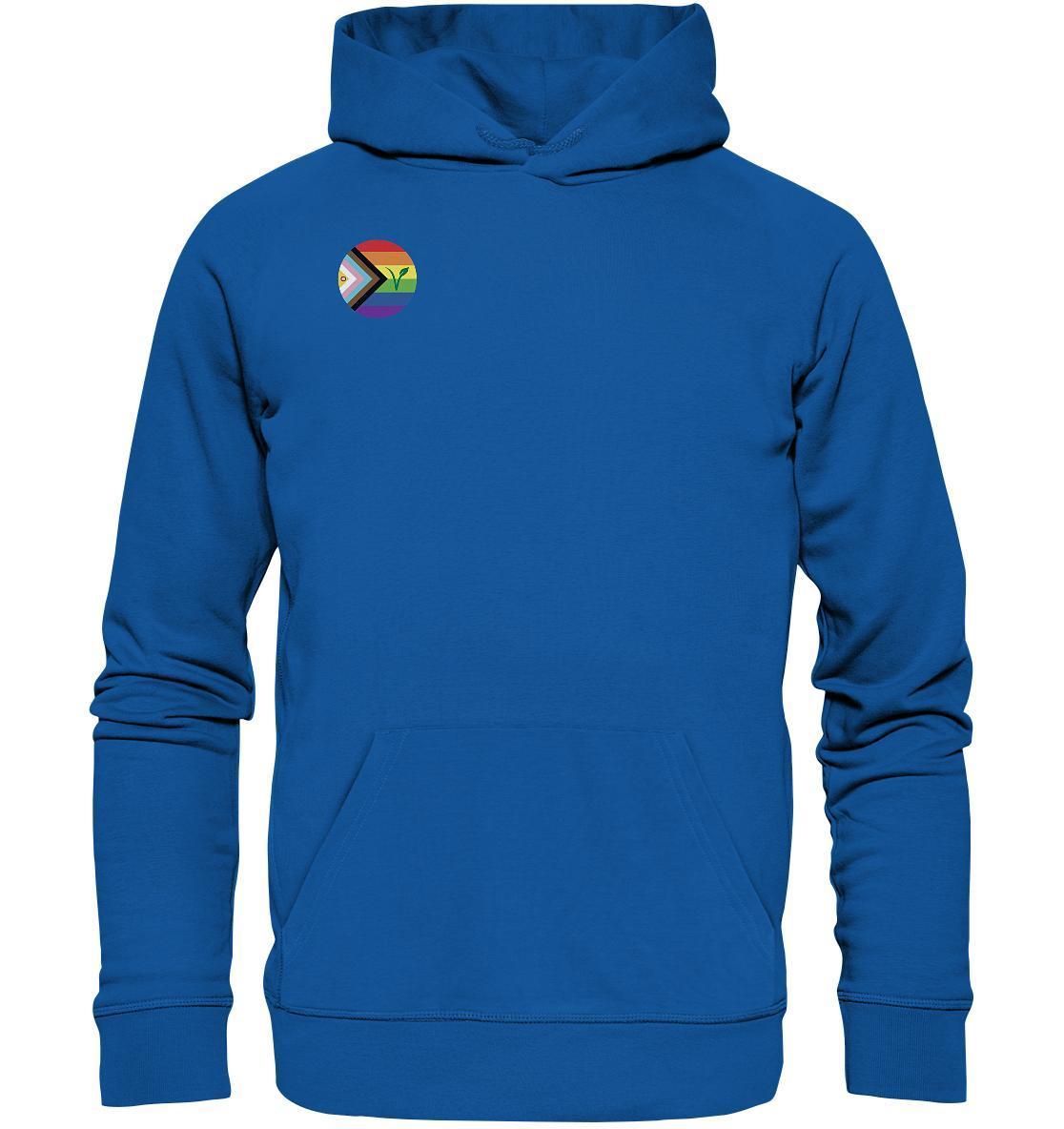 Vegan und Bio Hoodie: LGBTQIA+ VEGAN mit Logo, aus Bio-Baumwolle und Recyclingmaterialien. Mit Kängurutasche und Kapuze, inspiriert von veganer und nachhaltiger Mode.