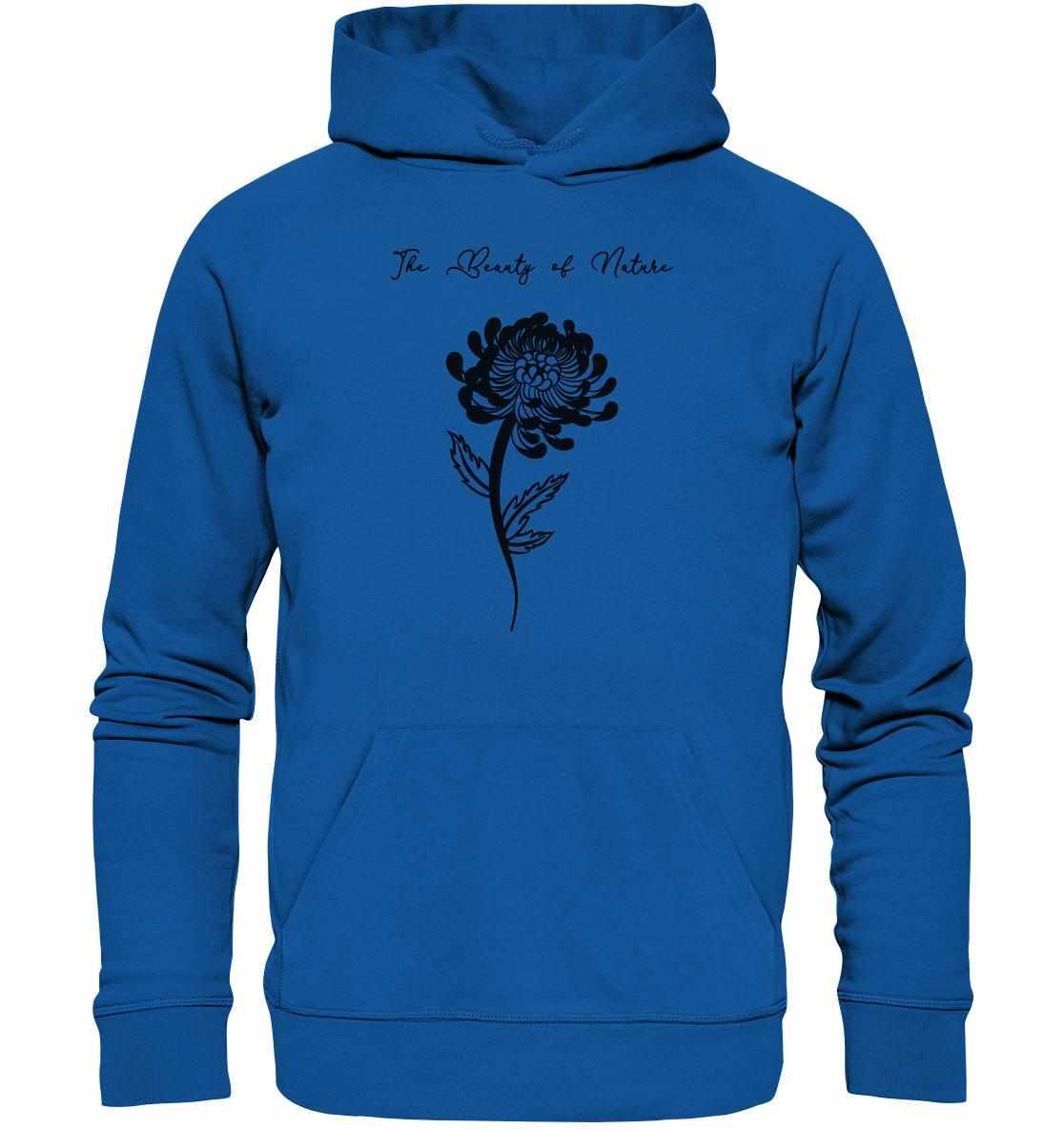 Vegan und Bio Hoodie: Chrysantheme, blauer Hoodie mit schwarzem Blumenmotiv, langärmelig, Kapuze, Kängurutasche, aus Bio-Baumwolle und recyceltem Polyester, von RUDE REBEL.