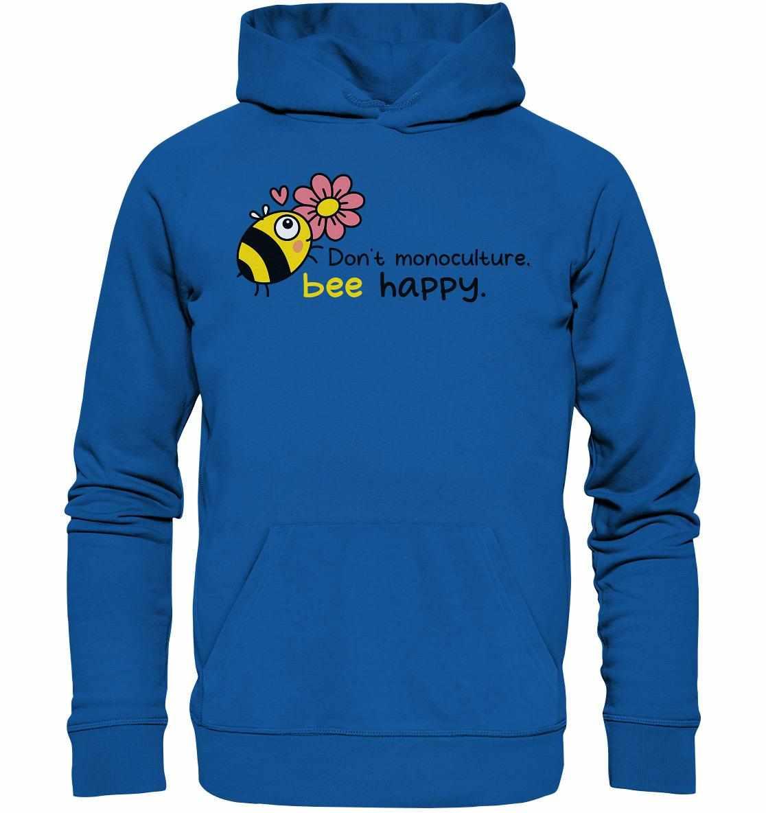 Vegan und Bio Hoodie: Save the bees, aus blauer Bio-Baumwolle mit Kängurutasche und Cartoon-Biene-Blume-Stickerei, unterstützt Insektenschutz und nachhaltige Landwirtschaft.