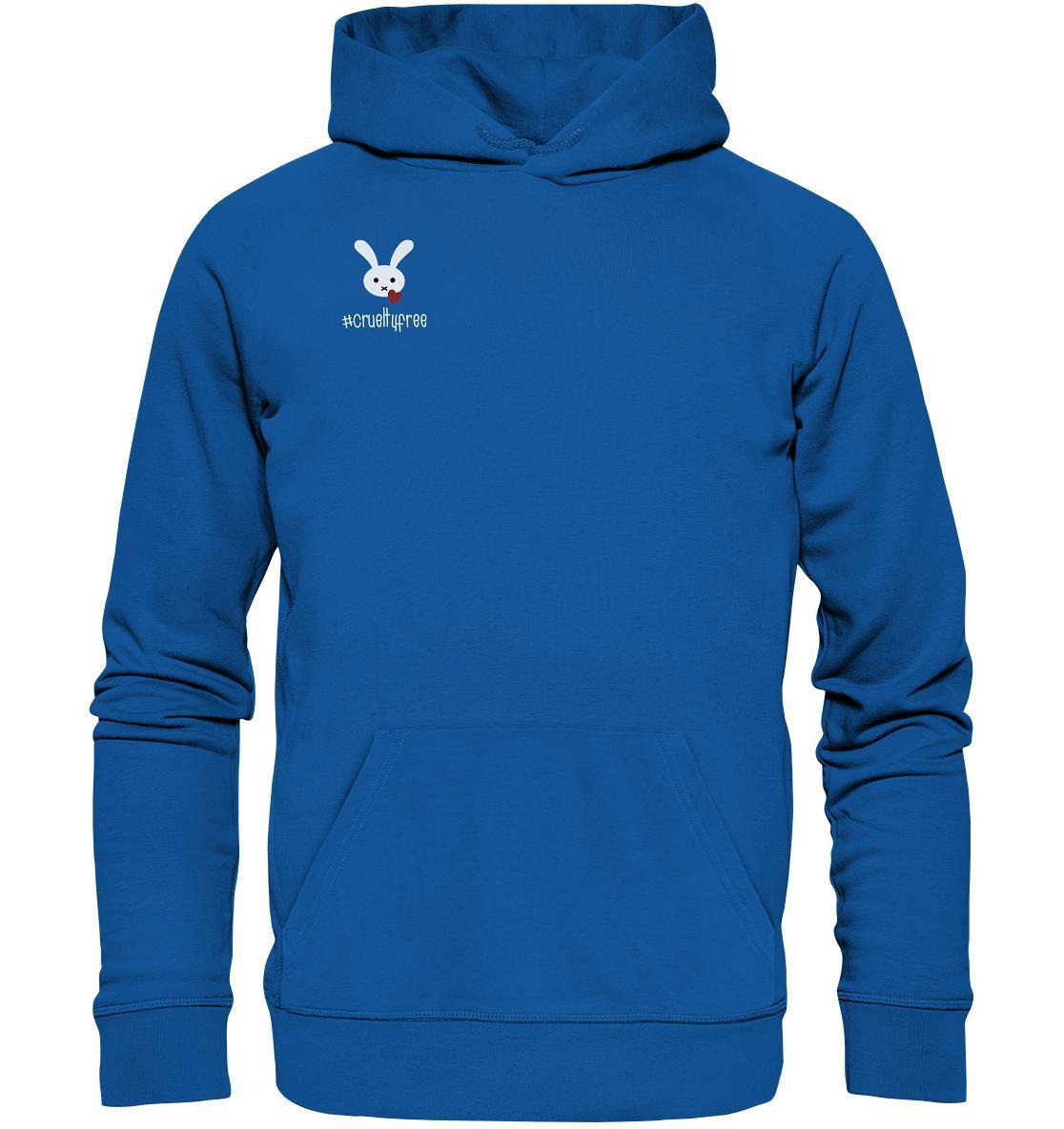 Vegan und Bio Hoodie: Crueltyfree Bunny, blauer Hoodie mit weißem Kaninchen und rotem Herz, steht für veganen Lifestyle und Tierschutz.