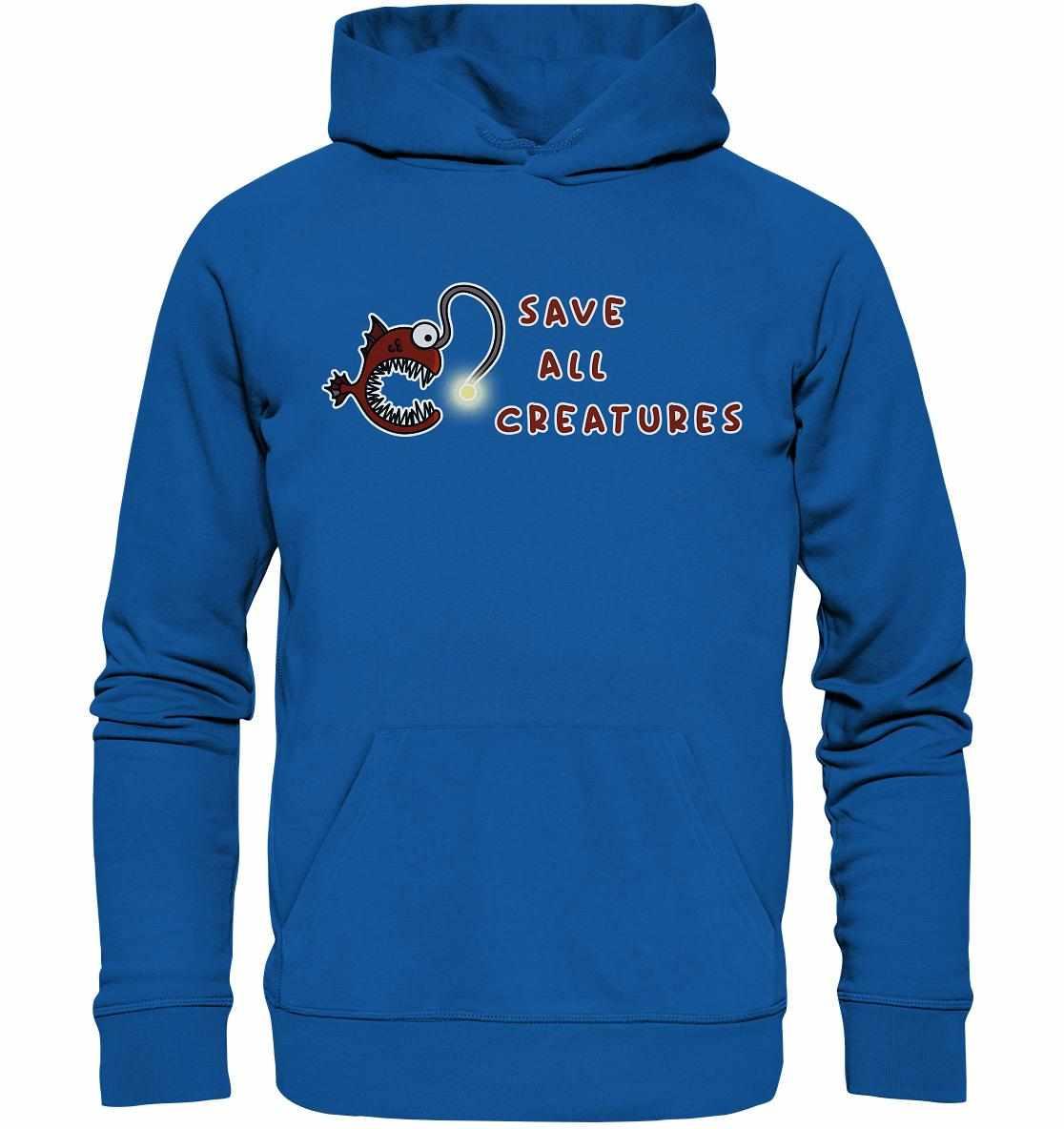 Vegan und Bio Hoodie mit Cartoon-Anglerfisch, Kapuze und Kängurutasche, symbolisiert Tier- und Naturschutz; aus Bio-Baumwolle und Recyclingmaterialien gefertigt.