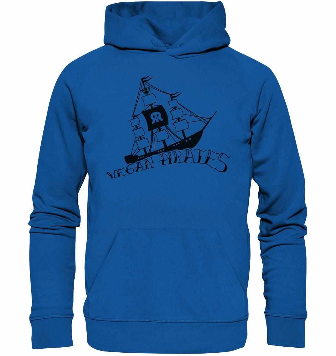 Vegan und Bio Hoodie: Vegan Pirates mit Piratenschiff-Design auf blauer Kapuze, umweltfreundlich aus Bio-Baumwolle und Recyclingmaterialien, kängurutasche.