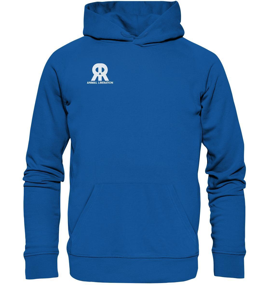Vegan und Bio Hoodie: RUDE REBEL Skull - Animal Liberation mit Totenkopf-Logo, Kängurutasche, Kapuze und nachhaltigen Materialien für Tierrechte.