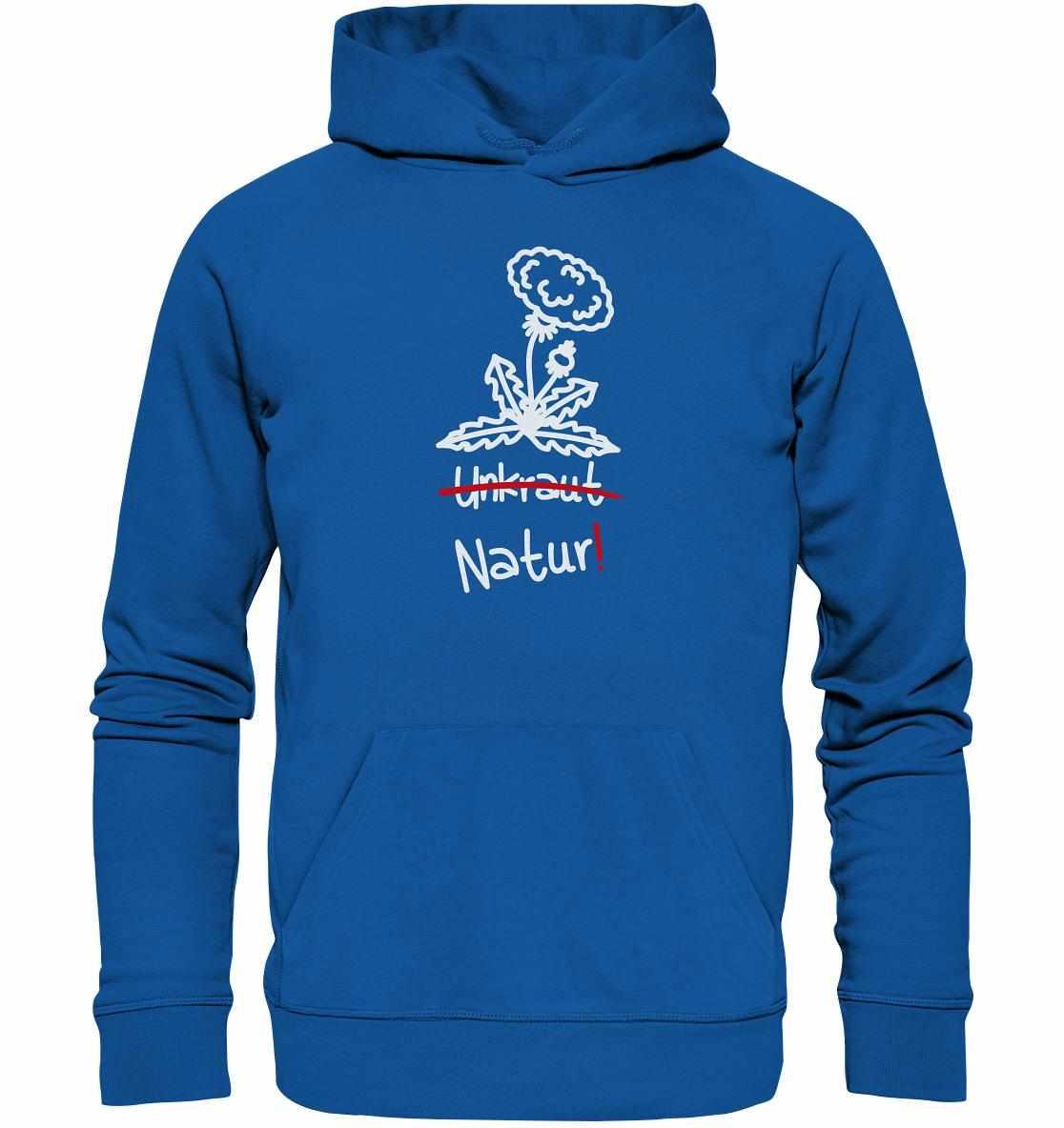 Vegan und Bio Hoodie: Löwenzahn mit Blumenmotiv und Kängurutasche, aus Bio-Baumwolle, symbolisiert Naturschutz und pflanzliche Vielfalt.