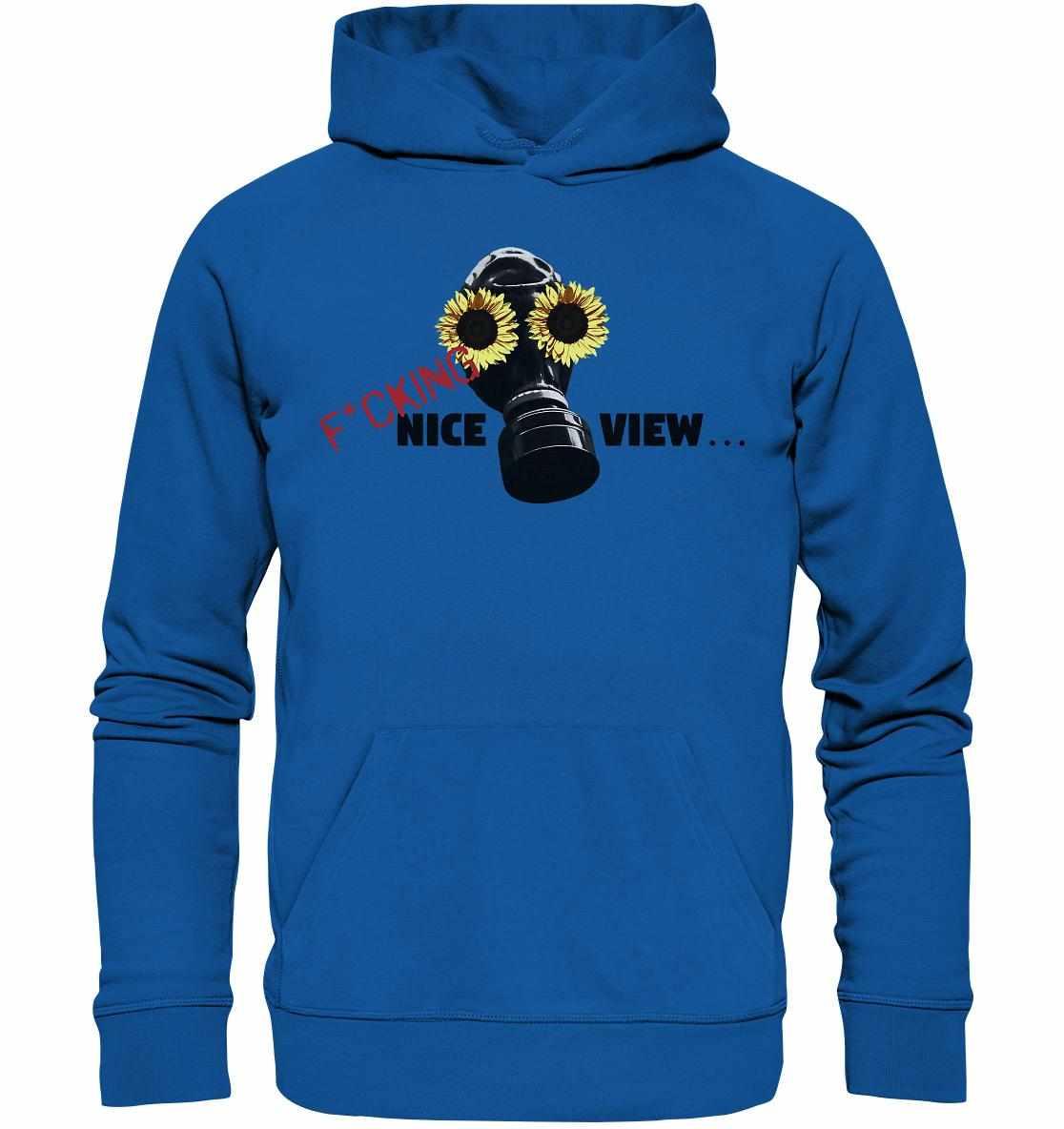 Vegan und Bio Hoodie: Sunflower Mask - F*cking nice view..., zeigt Gasmaske mit Sonnenblumen, symbolisiert Nachhaltigkeit und Umweltbewusstsein, hergestellt aus Bio-Baumwolle und recyceltem Material.