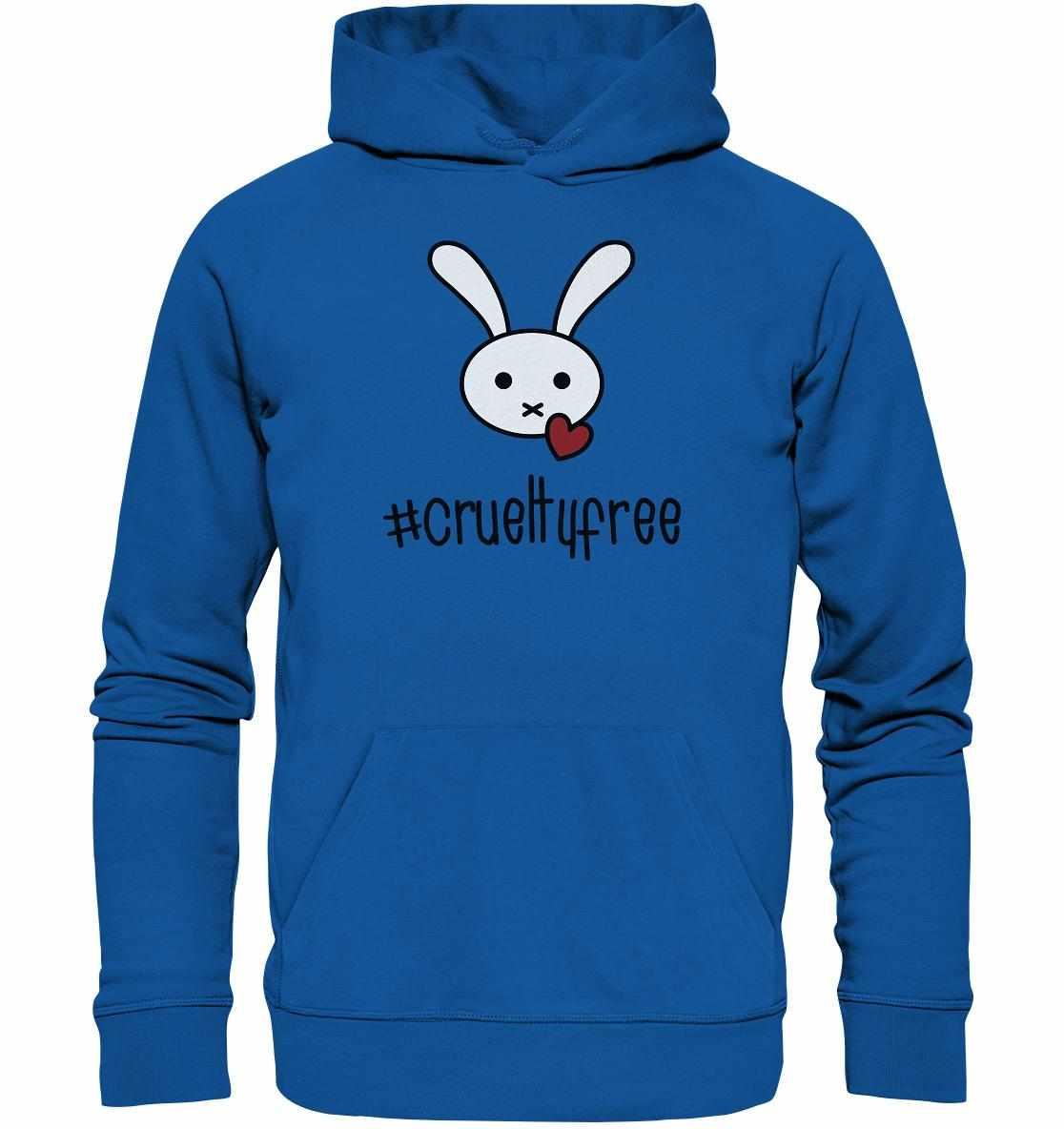 Vegan und Bio Hoodie: Crueltyfree Bunny BIG mit weißem Cartoon-Hasenmotiv, aus nachhaltiger Bio-Baumwolle, symbolisiert den Einsatz gegen Tierversuche und für Tierrechte.