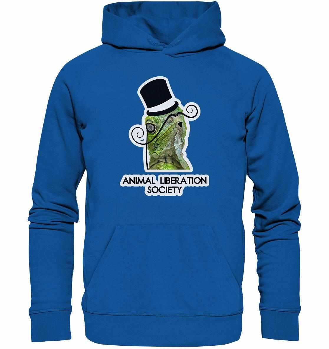 Vegan und Bio Hoodie: Sir Reptile - Animal Liberation Society mit elegantem Eidechsenmotiv im Zylinder, Kapuze und Kängurutasche, nachhaltig produziert.