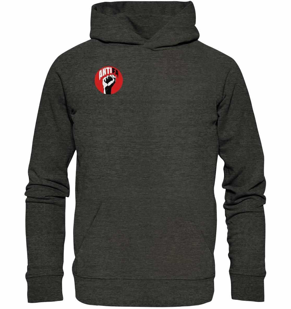 Vegan und Bio Hoodie: Antifa - Gemeinsam gegen Rechts, grauer Hoodie mit rotem und weißem Logo, getragen von einer Person, zeigt rebellisches Design für Liebe und Freiheit.