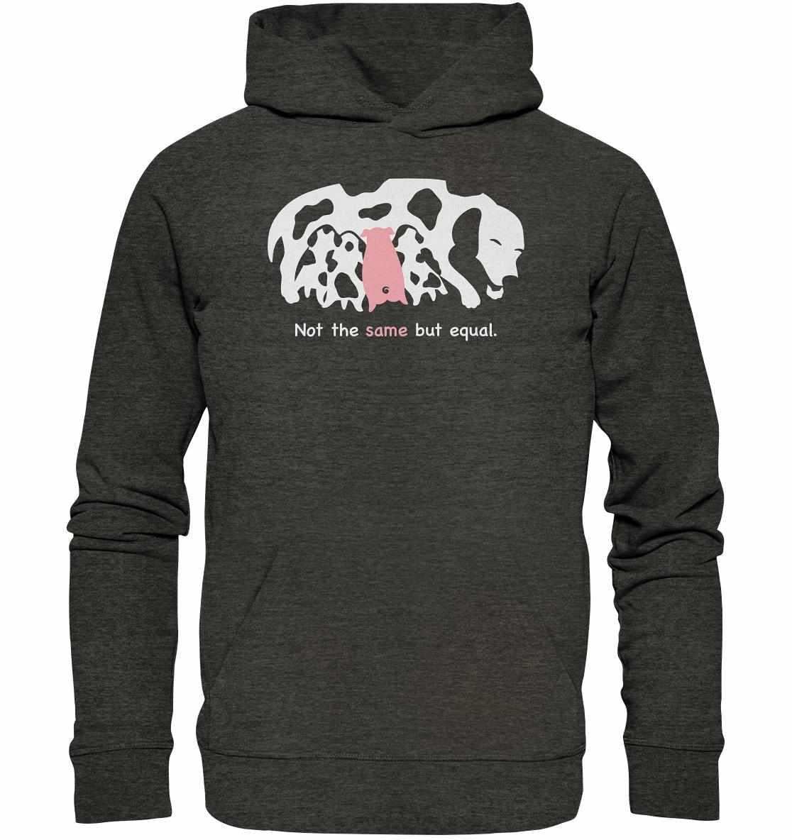 Vegan und Bio Hoodie: Animal equality mit Kuh- und Schweinedesign, aus Bio-Baumwolle und recyceltem Polyester, betont Tierrechte und Nachhaltigkeit.