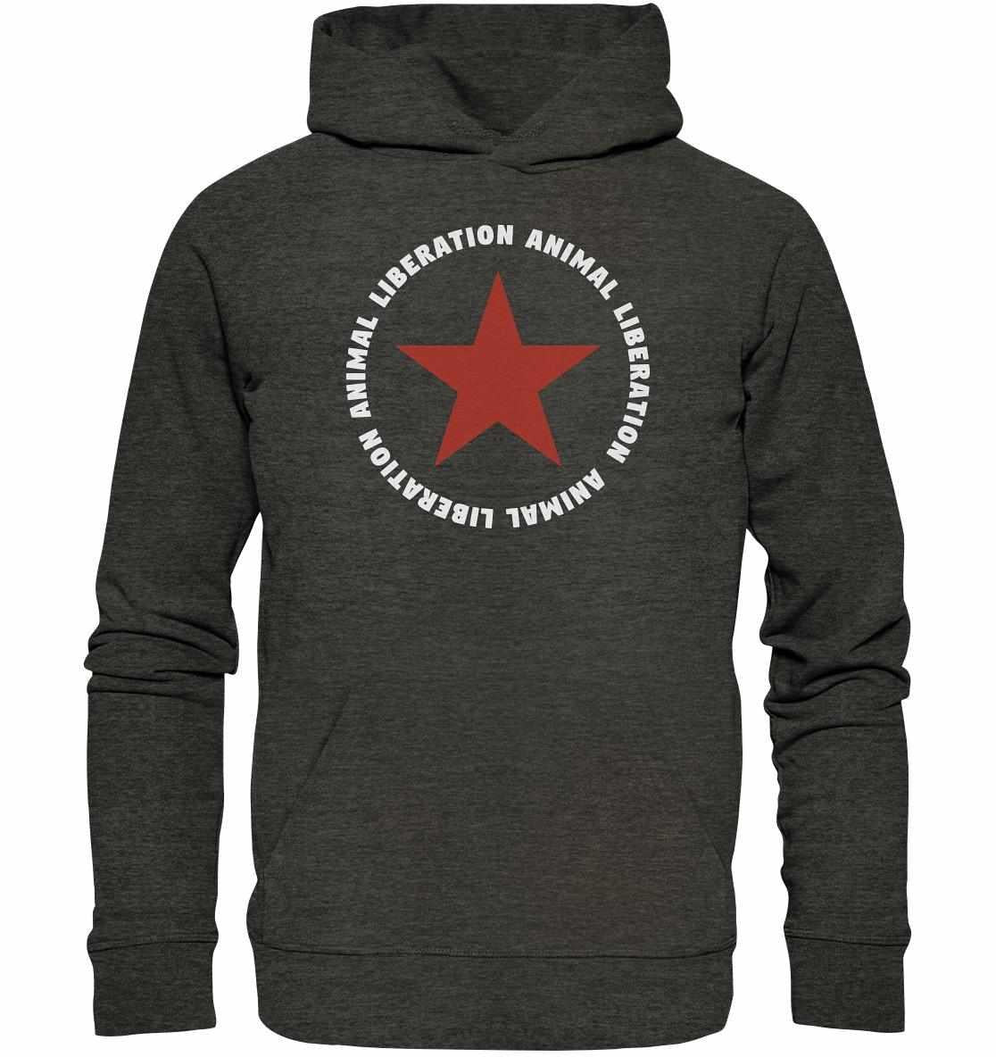 Vegan und Bio Hoodie: Red Star und Animal Liberation, grau mit rotem Stern, aus Bio-Baumwolle und Recyclingmaterialien, rebellisches Design für nachhaltige Mode.