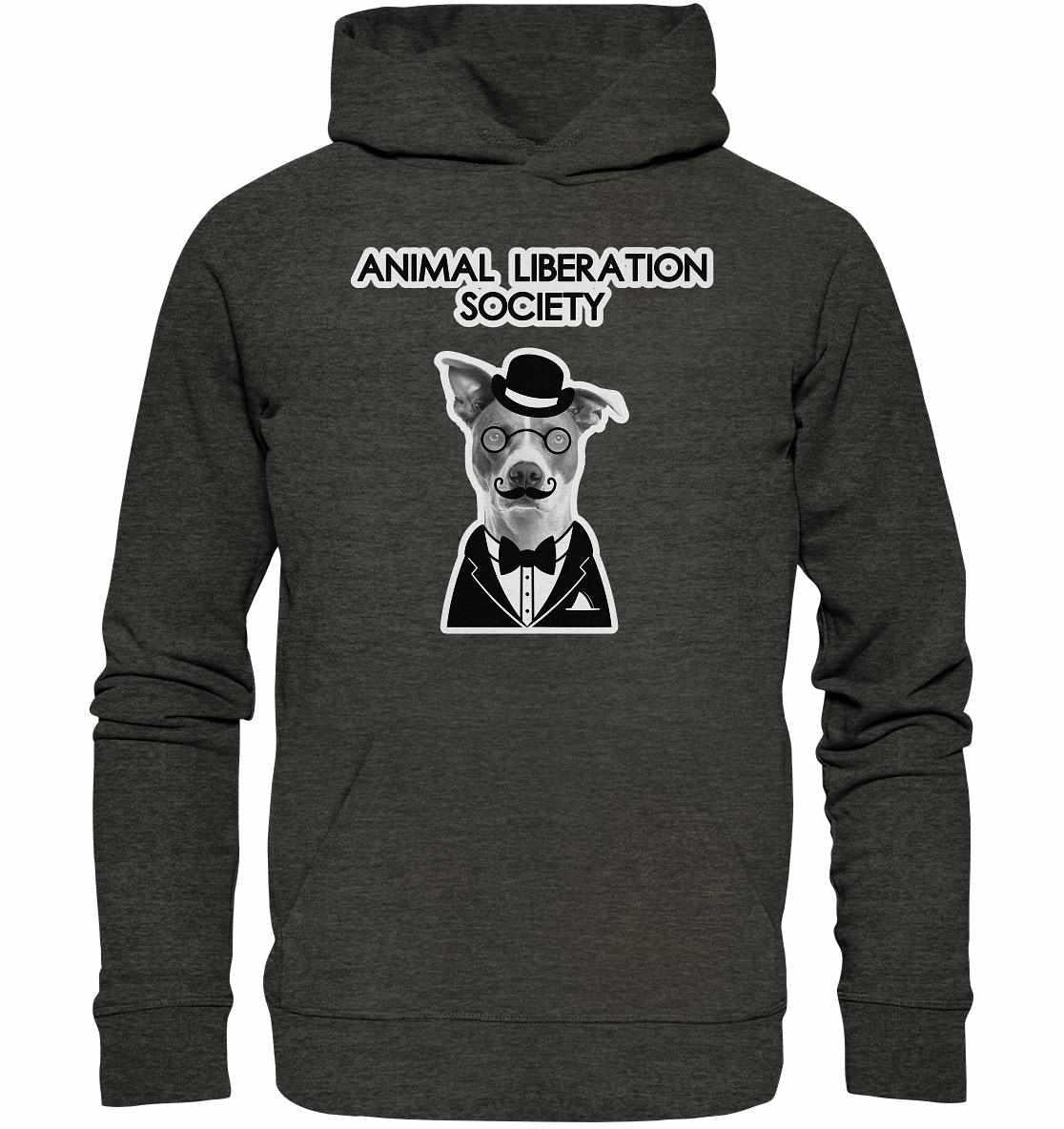 Vegan und Bio Hoodie: Mr. Dog - Animal Liberation Society, zeigt einen Hund mit Brille und Schnurrbart auf grauem Hoodie, umgedrehtes Gedankenexperiment für Tierrechte.