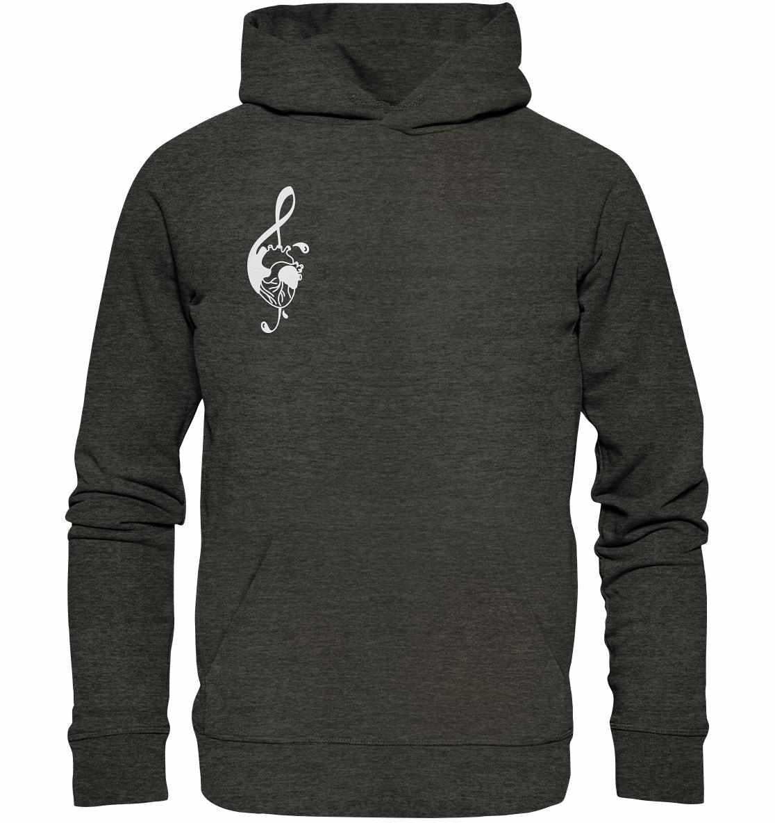 Vegan und Bio Hoodie: Music Therapy with Heart, schwarzer Hoodie mit weißem Herz und Kreuz-Design, aus Bio-Baumwolle, verkörpert Musikliebe und Nachhaltigkeit.