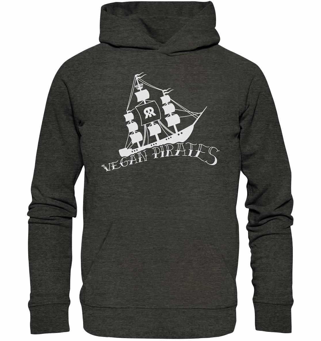 Vegan und Bio Hoodie: Vegan Pirates mit Piratenschiff-Design, getragen von einer Person. Hergestellt aus Bio-Baumwolle und recycelten Materialien, Teil der Rude Rebel Crew.