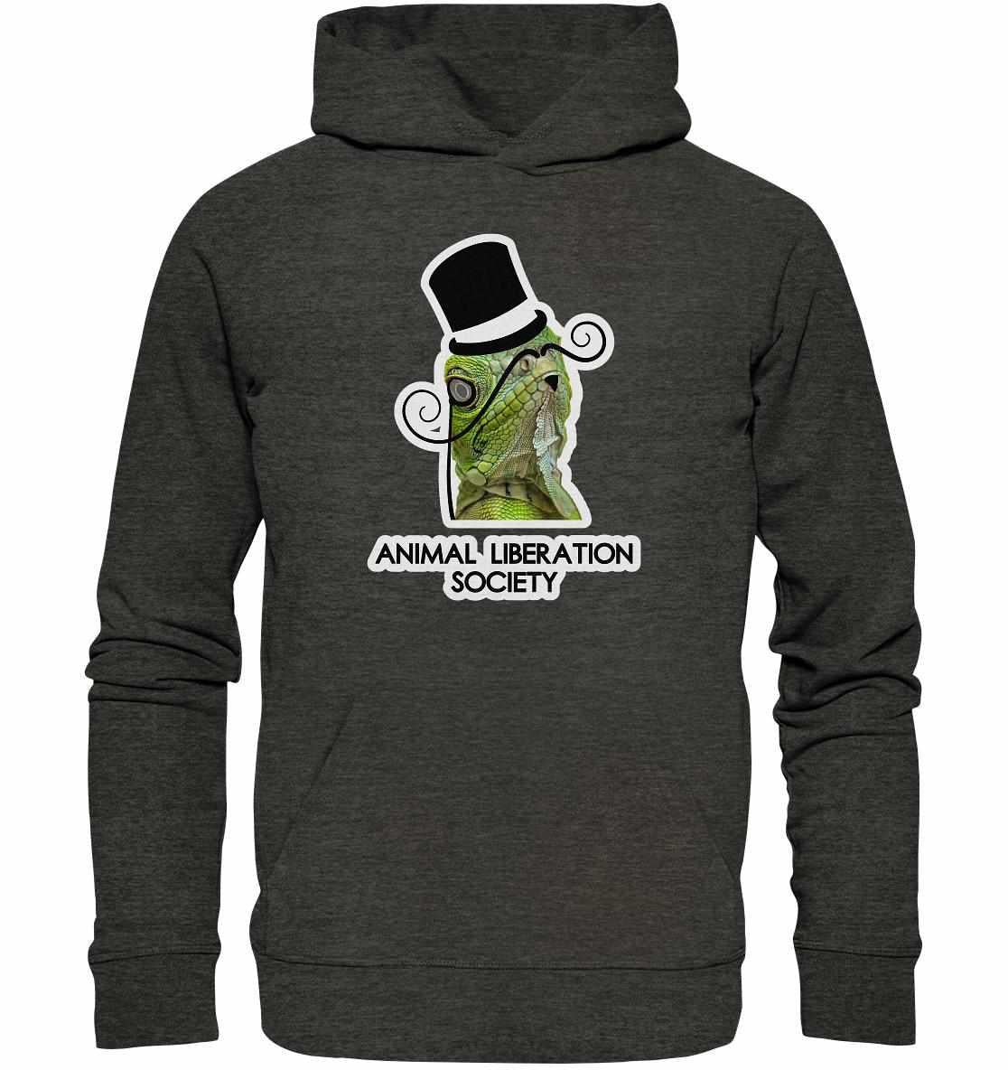 Vegan und Bio Hoodie: Sir Reptile - Animal Liberation Society mit einem grünen Lizard-Motiv, Zylinder und Schnurrbart, inspiriert von Tierrechten.