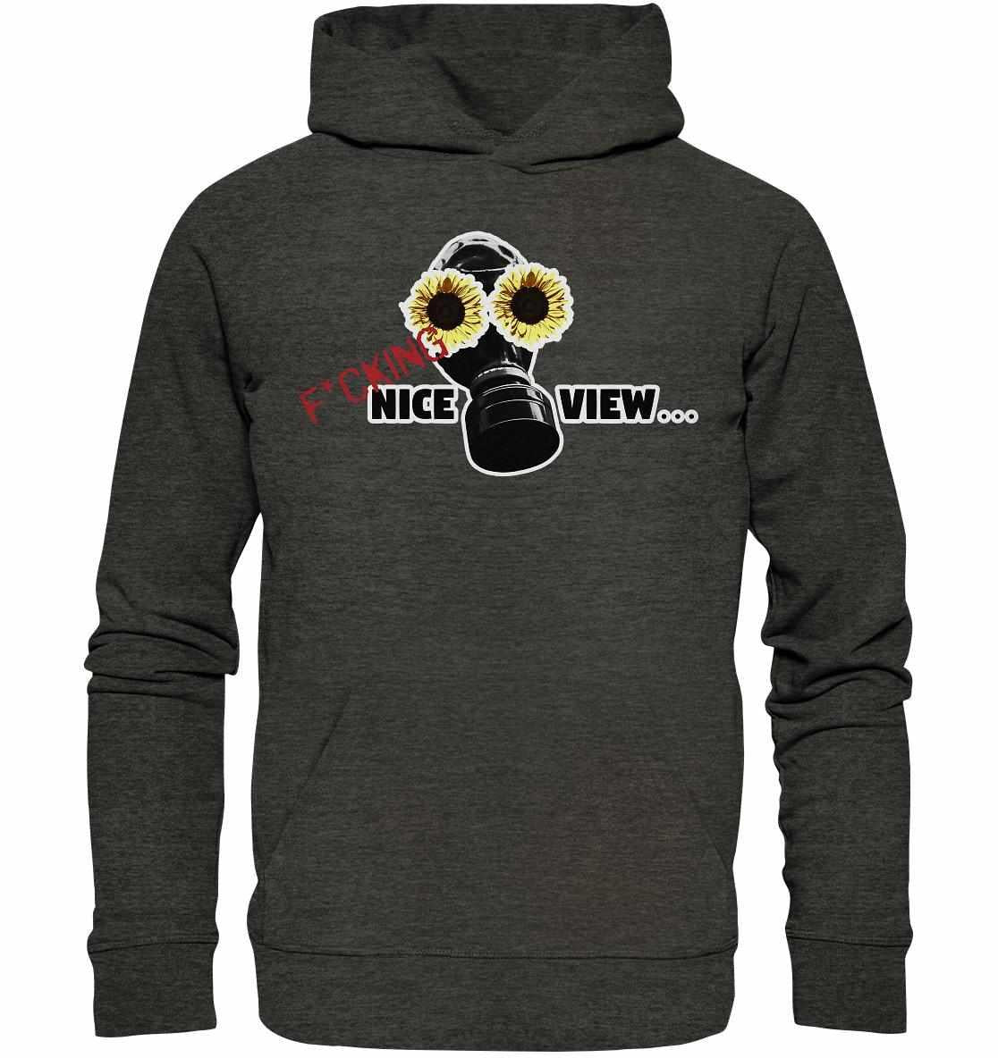 Vegan und Bio Hoodie: Sunflower Mask - Grauer Hoodie mit schwarzer Gasmaske und Sonnenblumenmotiv, nachhaltig aus Bio-Baumwolle und recyceltem Polyester gefertigt.