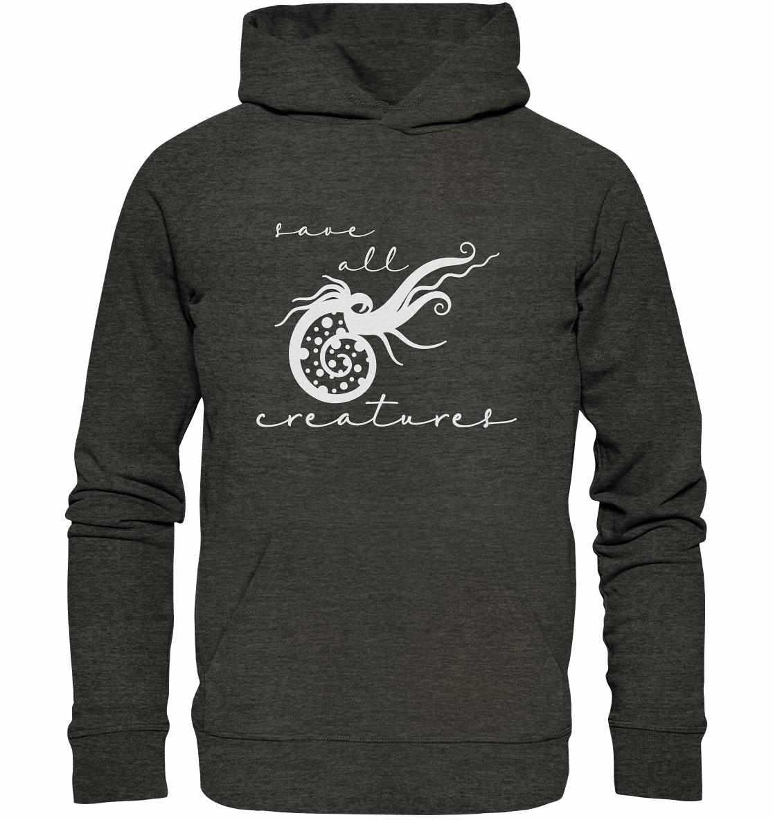 Vegan und Bio Hoodie: Save All Creatures mit weißem Spiral-Design, inspiriert von Meereslebewesen, aus nachhaltiger Bio-Baumwolle, lässig und umweltfreundlich.