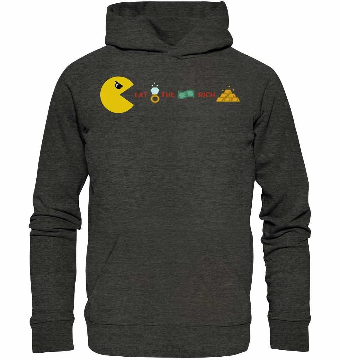 Person trägt grauen Vegan und Bio Hoodie: PAC-MAN - Eat the rich, mit gelbem Pac-Man-Design. Hergestellt aus Bio-Baumwolle und recyceltem Polyester.