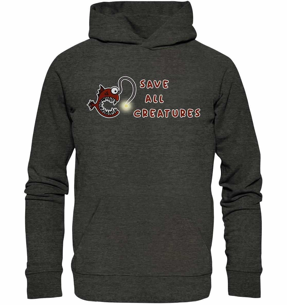 Vegan und Bio Hoodie: Weird Frogfish mit rotem Anglerfisch und Text, aus Bio-Baumwolle und Recyclingmaterialien, symbolisiert Schutz aller Lebewesen.