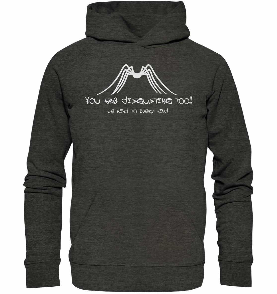 Vegan und Bio Hoodie mit Protect Insects-Text, graues Design, Kapuze, Kängurutasche, aus Bio-Baumwolle, inspiriert von Tierrechten, nachhaltig produziert.