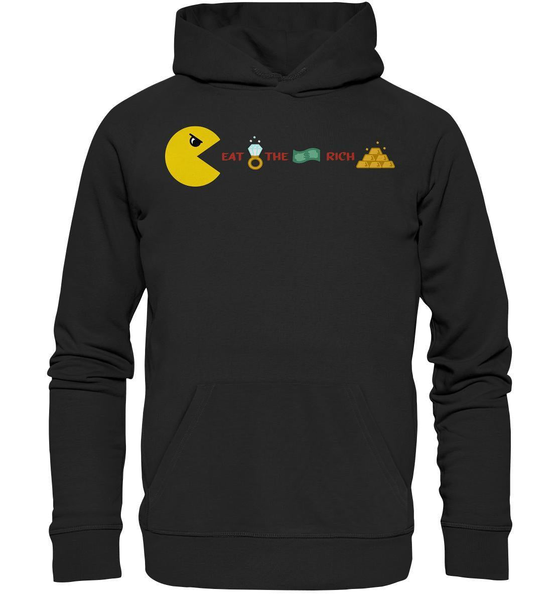 Vegan und Bio Hoodie: PAC-MAN - Eat the rich, schwarzer Hoodie mit gelbem Pac-Man-Motiv und Text, nachhaltig aus Bio-Baumwolle und recyceltem Polyester gefertigt.