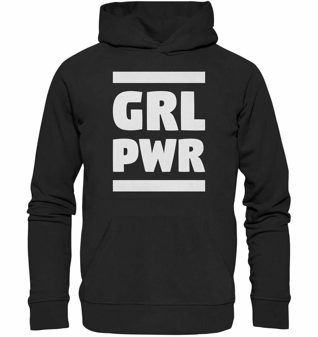 Vegan und Bio Hoodie: GIRL POWER - Schwarzer Hoodie mit feministischer Botschaft und Kängurutasche aus Bio-Baumwolle und recyceltem Polyester, normaler Schnitt.
