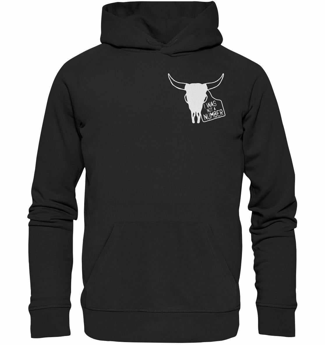 Vegan und Bio Hoodie: I was not a number, schwarzer Hoodie mit Stierschädel-Design, aus Bio-Baumwolle und recyceltem Polyester, nachhaltige Mode von RUDE REBEL.