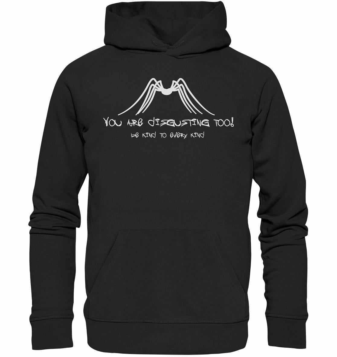 Vegan und Bio Hoodie mit weißem Text und Spinnendesign, inspiriert von Tierrechten, aus Bio-Baumwolle und recyceltem Polyester, reguläre Passform mit Kängurutasche.