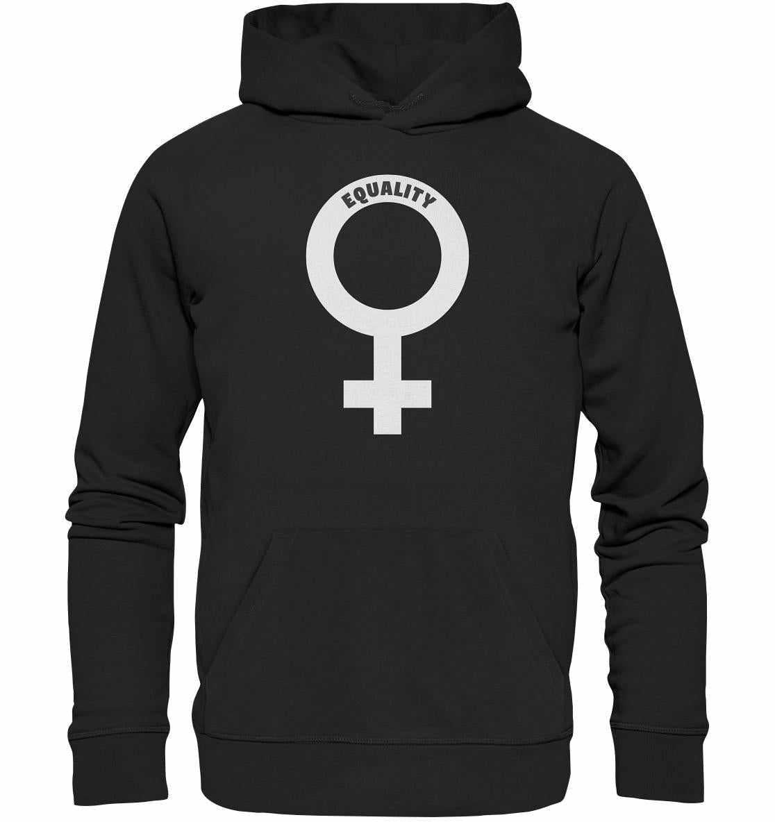 Veganer und Bio-Hoodie mit Venussymbol, symbolisiert feministische Botschaft; hergestellt aus Bio-Baumwolle und recycelten Materialien, mit Kängurutasche und flachen Zugkordeln.