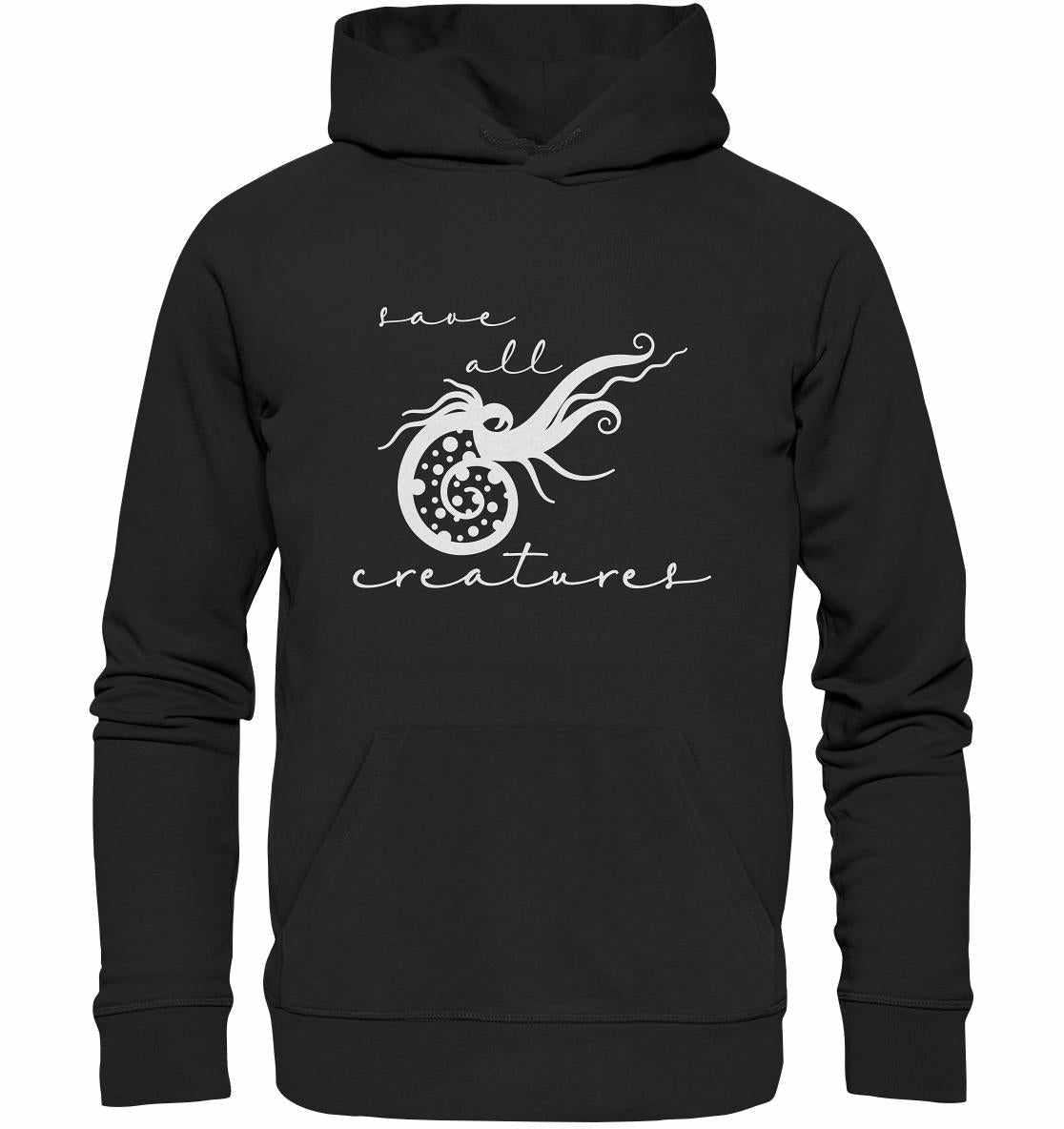 Vegan und Bio Hoodie: Save All Creatures mit weißem Meereswesen-Design, nachhaltig produziert aus Bio-Baumwolle, symbolisiert Gleichberechtigung aller Lebewesen.