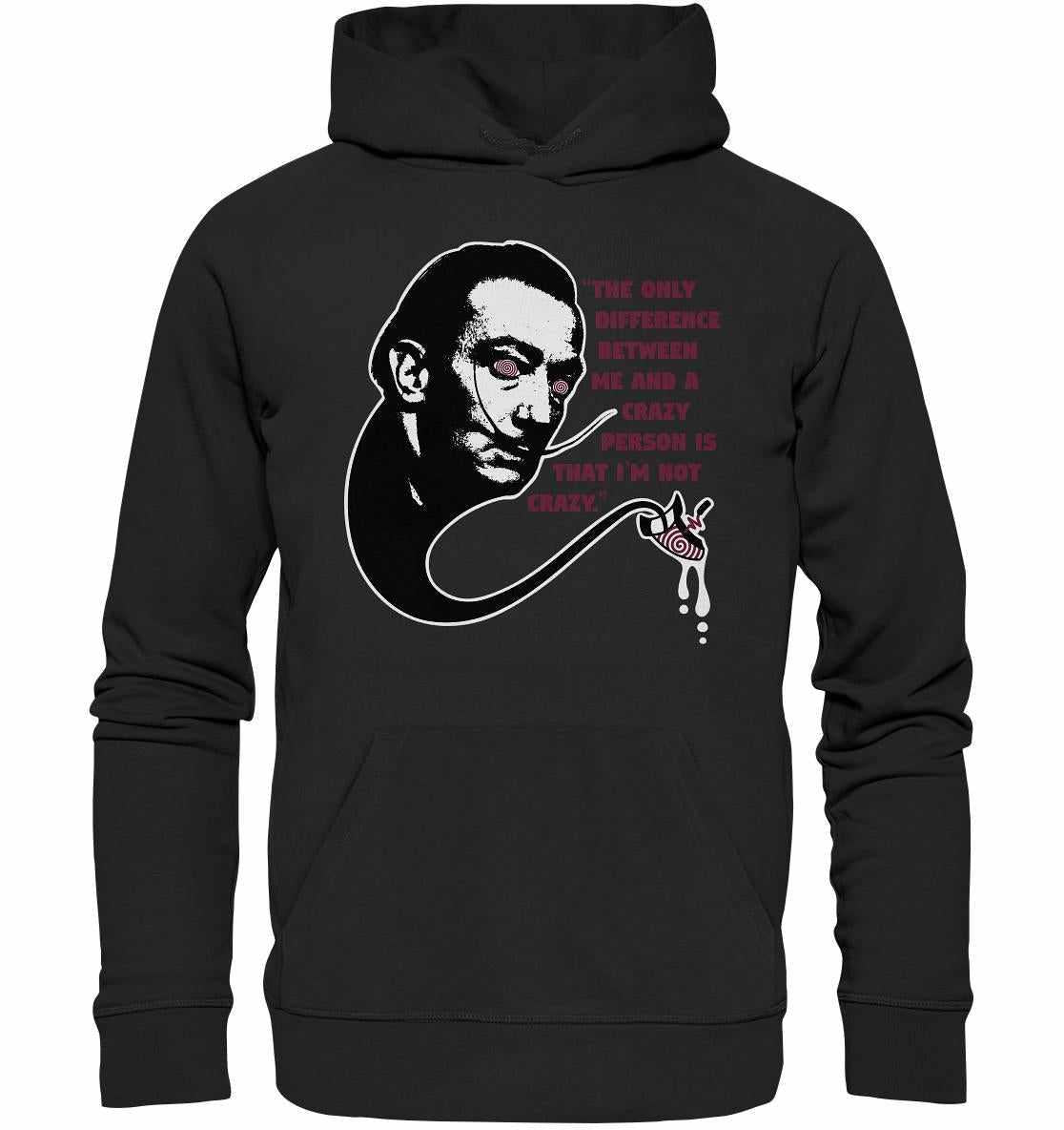 Vegan und Bio Hoodie: Crazy Dali mit surrealem Gesichtsmotiv und rotem Akzent, aus Bio-Baumwolle und recyceltem Polyester, nachhaltig produziert.