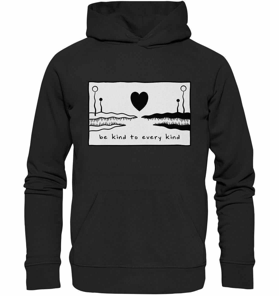 Vegan und Bio Hoodie: Be kind to every kind mit schwarzem Herzdesign, Kapuze und Kängurutasche, aus umweltfreundlicher Bio-Baumwolle, von RUDE REBEL.