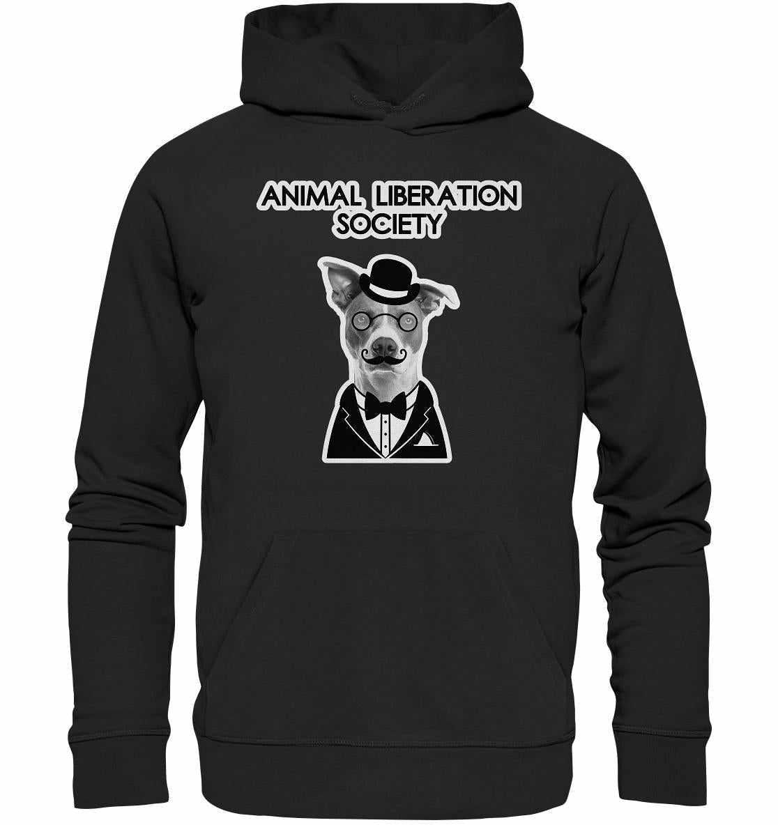 Vegan und Bio Hoodie: Mr. Dog - Animal Liberation Society mit Hundemotiv, Kapuze und Kängurutasche, hergestellt aus nachhaltiger Bio-Baumwolle und recyceltem Polyester.