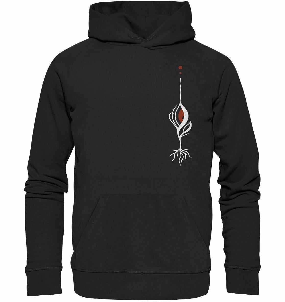 Veganer, Bio & Recycelter Hoodie: Minimalistisches blutiges Auge - Pflanze. Schwarzer Hoodie mit weiß-rotem Design, inspiriert von Naturschutz und nachhaltiger Produktion.