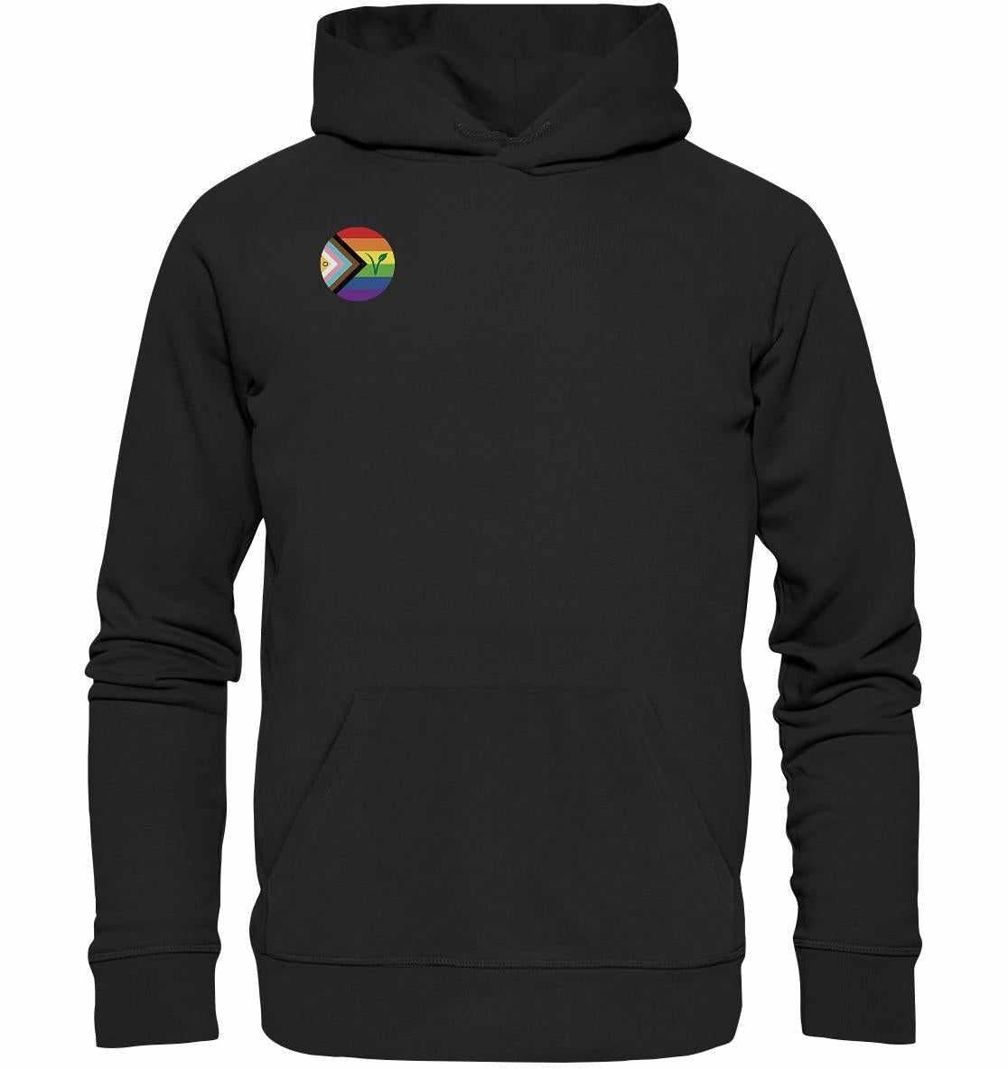 Vegan und Bio Hoodie: LGBTQIA+ VEGAN, schwarzer Hoodie mit Regenbogen-Logo und grünem Blatt, aus Bio-Baumwolle und Recyclingmaterialien, symbolisiert Liebe und Nachhaltigkeit.