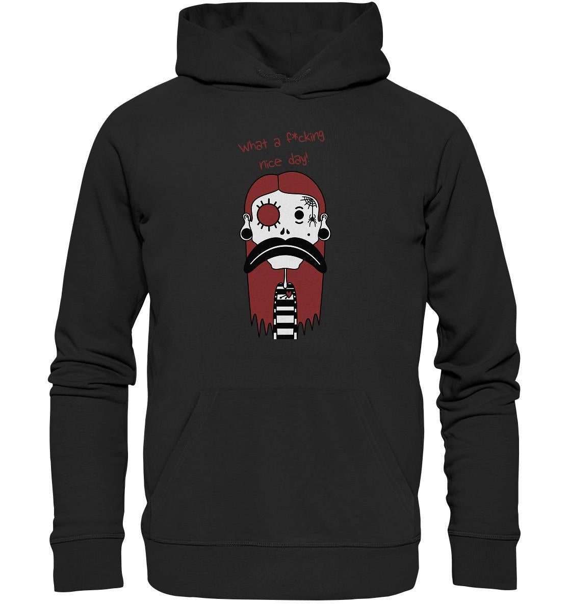 Vegan und Bio Hoodie: Mental health – Bad Day mit Cartoonfigur, Kapuze, Kängurutasche und flachen Zugkordeln aus Bio-Baumwolle und recyceltem Polyester.