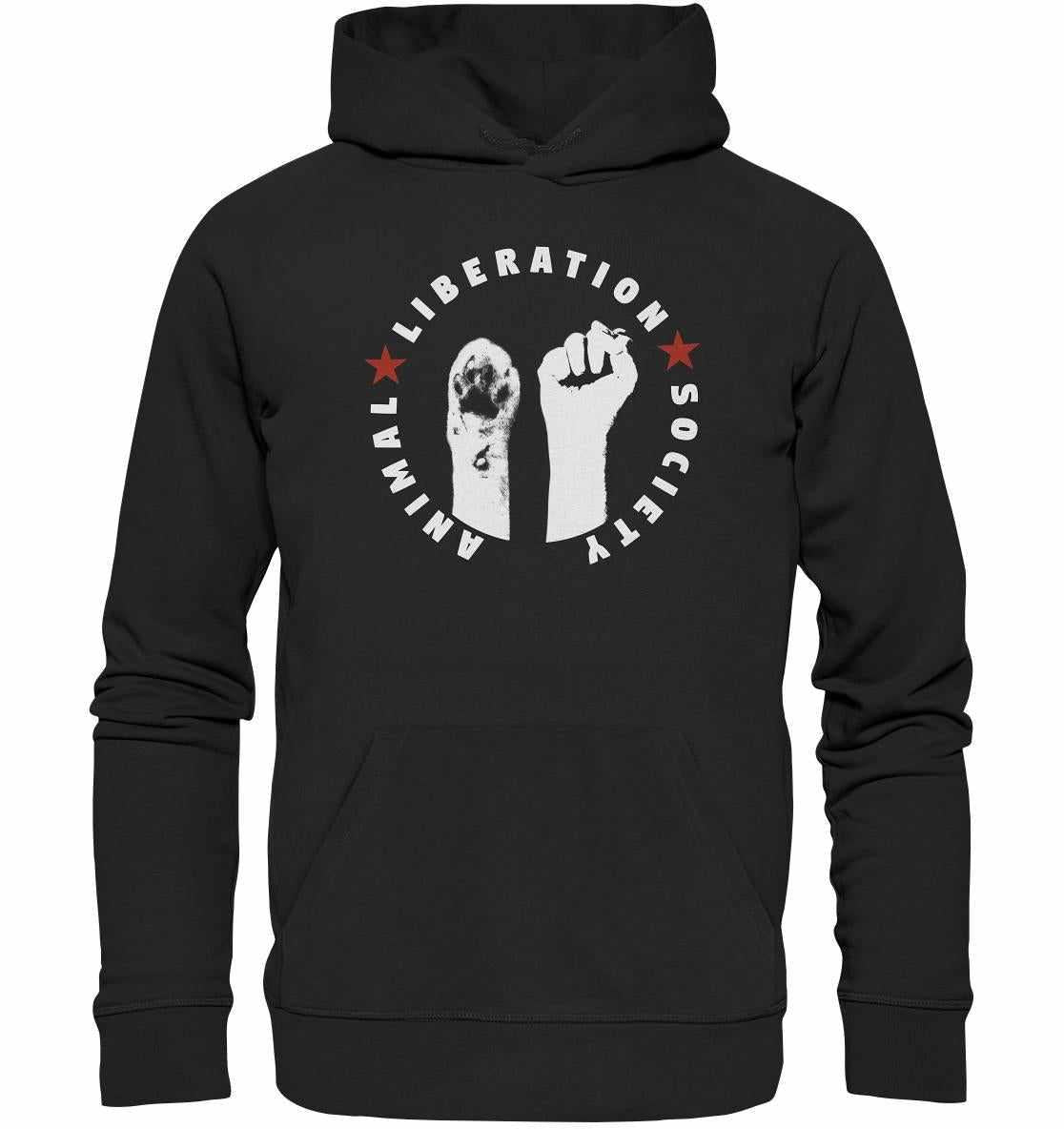 Vegan und Bio Hoodie: Raise paw and fist for Animal Liberation! Schwarzer Hoodie mit weißem Text, Fist- und Pfotenmotiv, Kapuze und Kängurutasche. Umweltfreundlich, aus Bio-Baumwolle und recycelten Materialien.