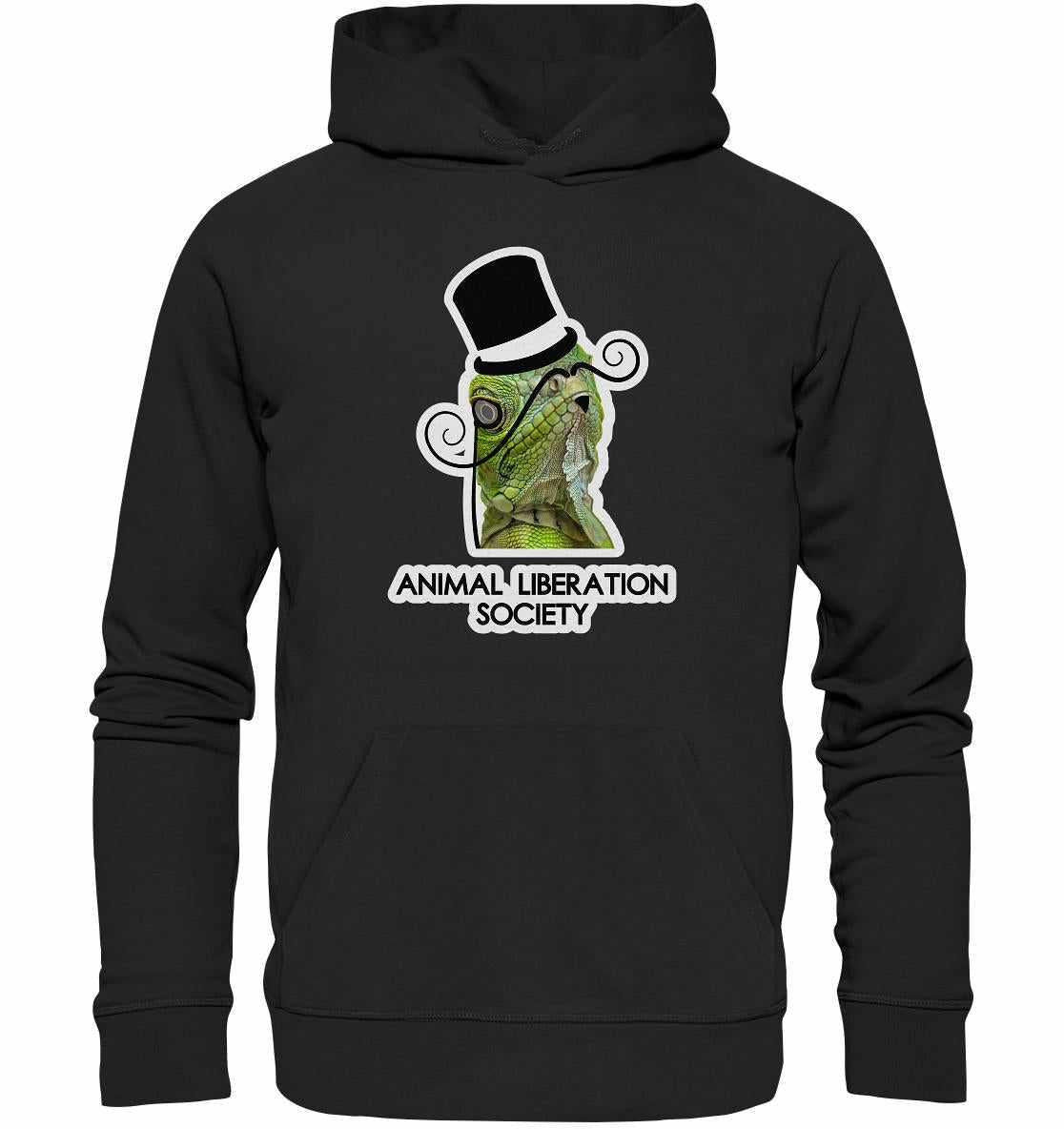 Vegan und Bio Hoodie: Sir Reptile - Animal Liberation Society, featuring a lizard in a top hat design, highlighting vegan, eco-friendly production.