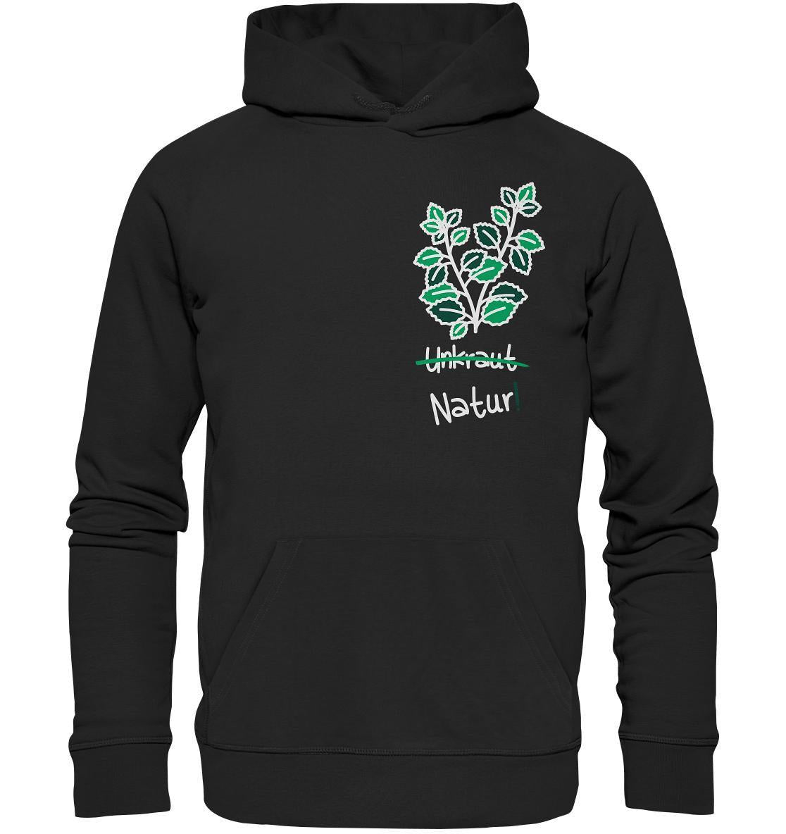 Vegan und Bio Hoodie: Brennnessel - Naturschutz, schwarzer Hoodie mit grünen Blättern, Kängurutasche, Kapuze mit Jersey-Futter, umweltfreundlich aus Bio-Baumwolle und recyceltem Polyester gefertigt.