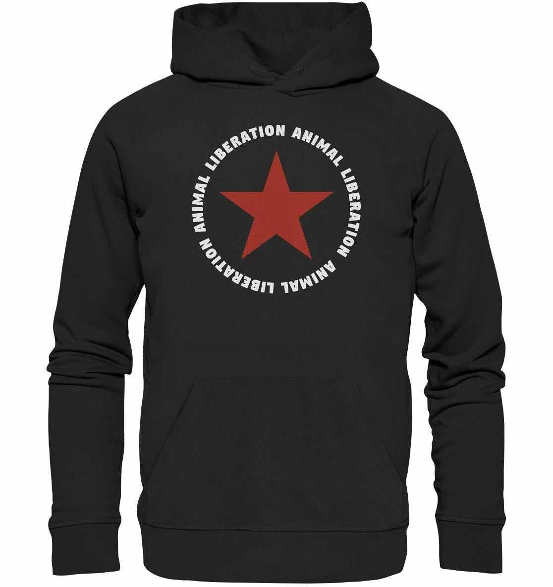 Vegan und Bio Hoodie: Red Star und Animal Liberation, schwarzer Hoodie mit rotem Stern, aus Bio-Baumwolle und Recyclingmaterialien, Kapuze, Kängurutasche, nachhaltiges Design.