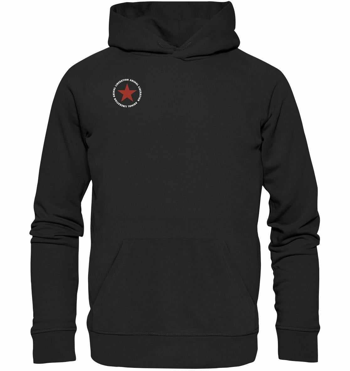 Vegan und Bio Hoodie: Red Star - Animal Liberation, schwarzer Hoodie mit rotem Stern, hergestellt aus Bio-Baumwolle und Recyclingmaterialien, repräsentiert vegane und nachhaltige Mode.