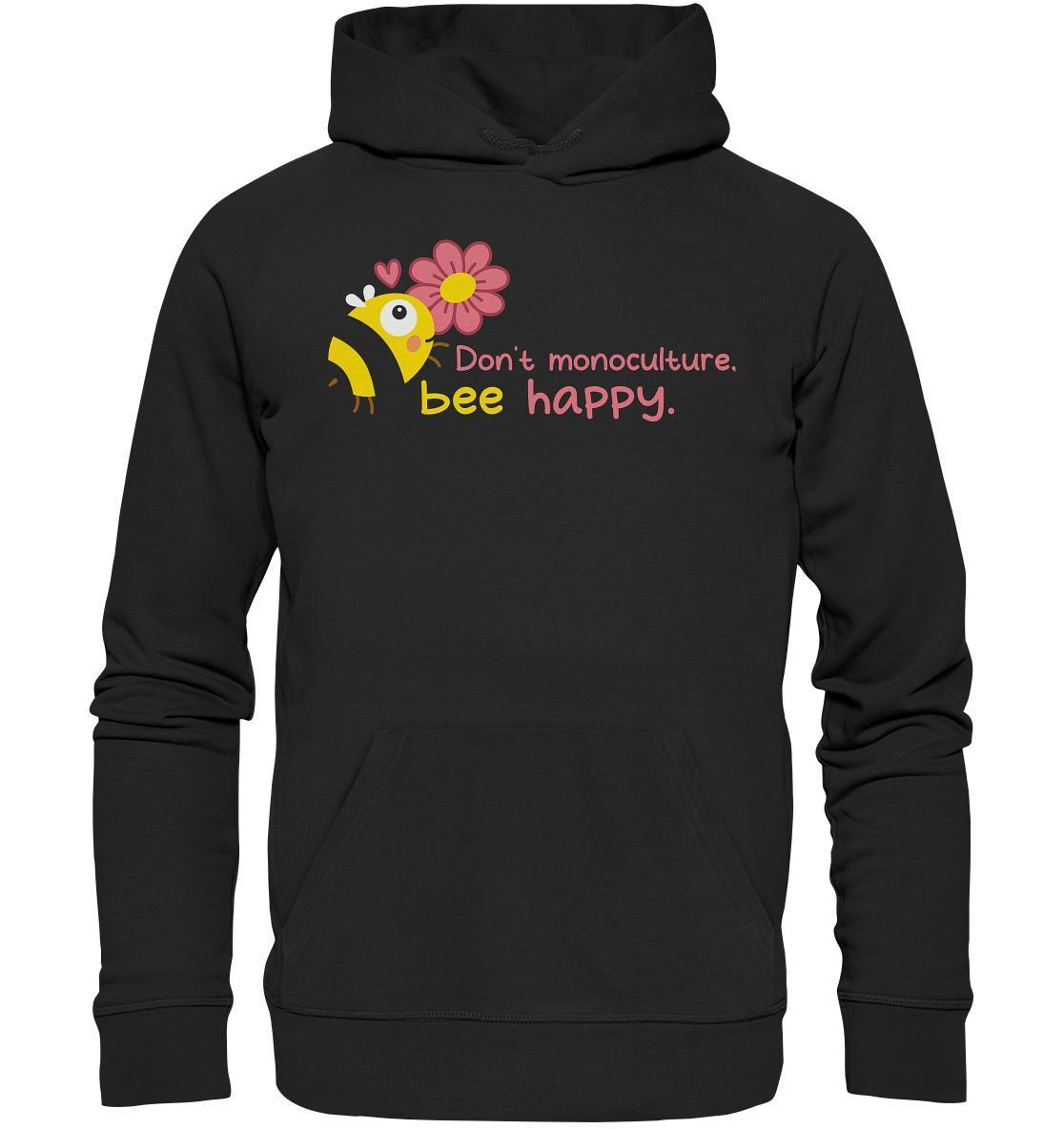 Vegan und Bio Hoodie: Save the bees, mit gesticktem Cartoon-Bienen- und Blumenmotiv, aus Bio-Baumwolle und recyceltem Polyester, symbolisiert nachhaltigen Insektenschutz.