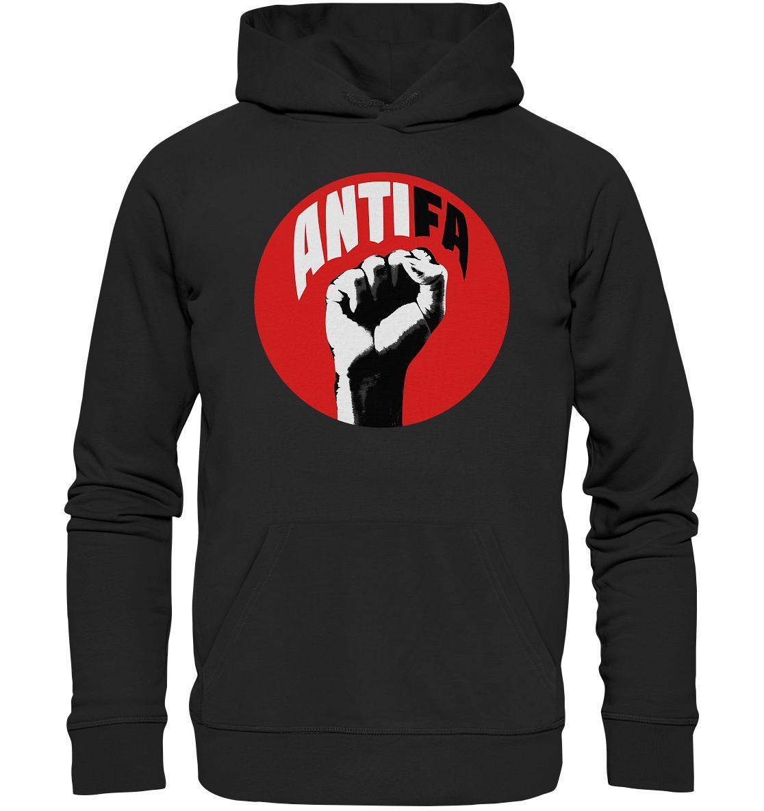 Vegan und Bio Hoodie: Antifa - Kampf gegen Rechts, schwarzer Hoodie mit rotem, weißem Logo, Kängurutasche, umweltfreundlich hergestellt aus Bio-Baumwolle und recyceltem Polyester.