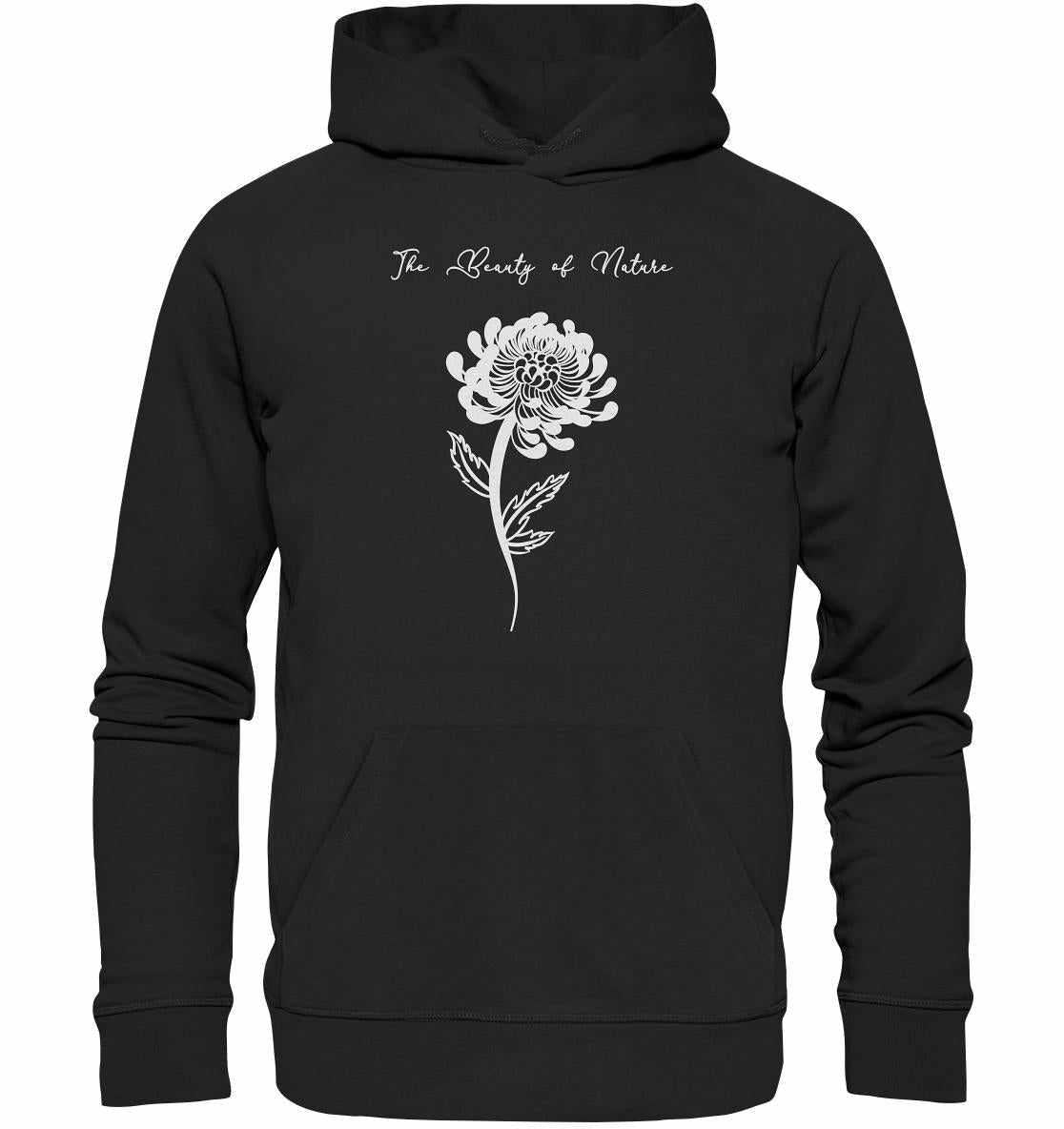 Vegan und Bio Hoodie: Chrysantheme - Schwarzer Hoodie mit detailliertem weißem Blumenmotiv, aus nachhaltiger Bio-Baumwolle und recycelten Materialien, normaler Schnitt, Kängurutasche.