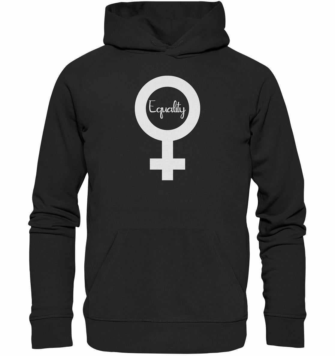 Vegan und Bio Hoodie: Feminismus - Der Kampf um Gleichberechtigung, schwarzer Hoodie mit Symbol, aus Bio-Baumwolle und Recyclingmaterialien, steht für weltweite Gleichberechtigung.