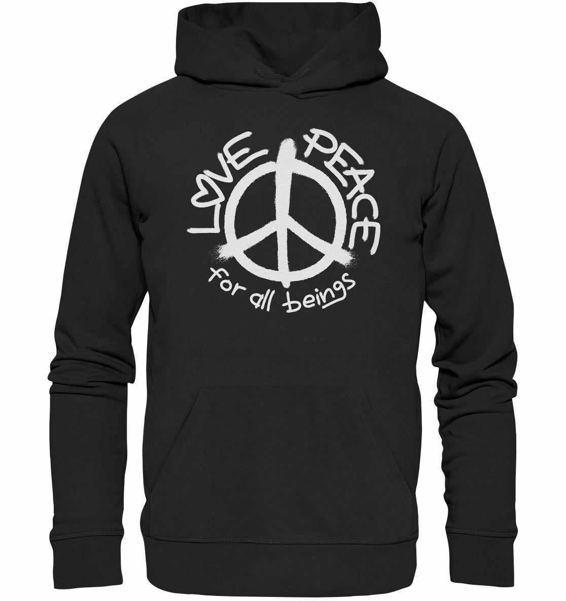 Vegan und Bio Hoodie LOVE and PEACE aus Bio-Baumwolle, zeigt Peace-Zeichen, Kängurutasche und Kapuze, umweltfreundlich und nachhaltig gestaltet.
