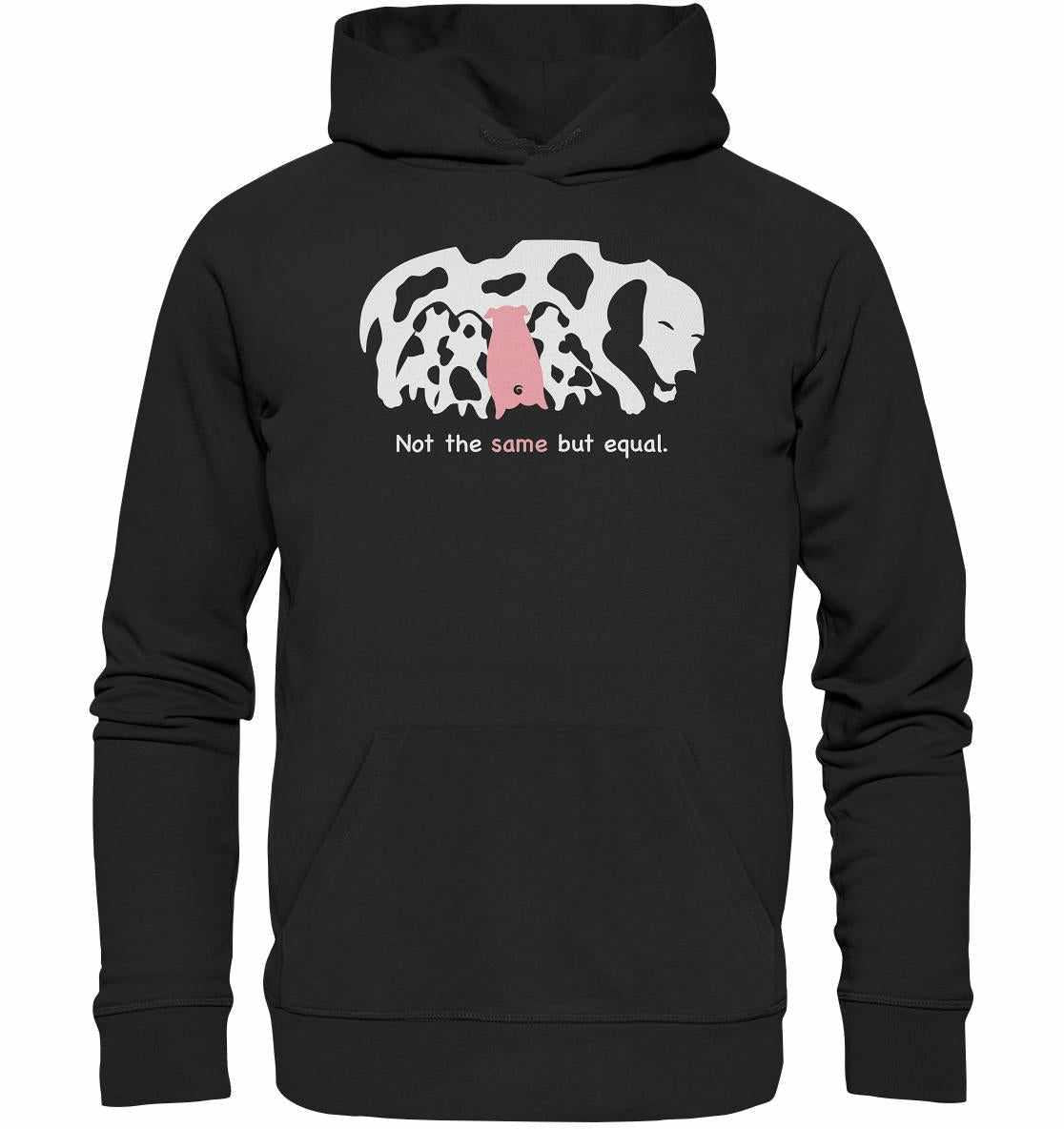 Vegan und Bio Hoodie: Animal equality, zeigt ein aufgesticktes Tiermotiv, hergestellt aus Bio-Baumwolle und recyceltem Polyester, mit Kängurutasche und flachen Zugkordeln.